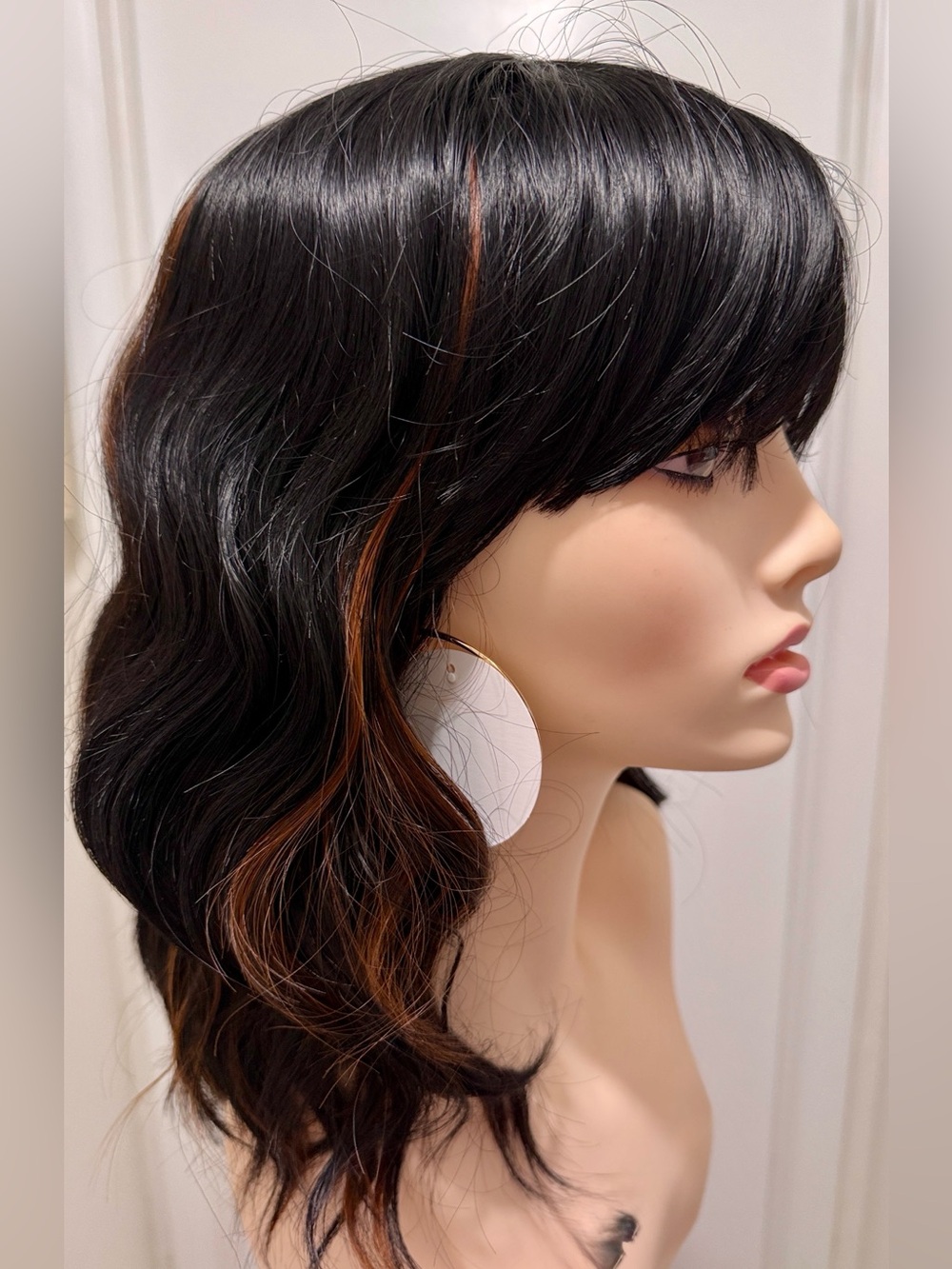 HAIR, 16” Wavy Bob with Bangs,  Black Copper Highlights